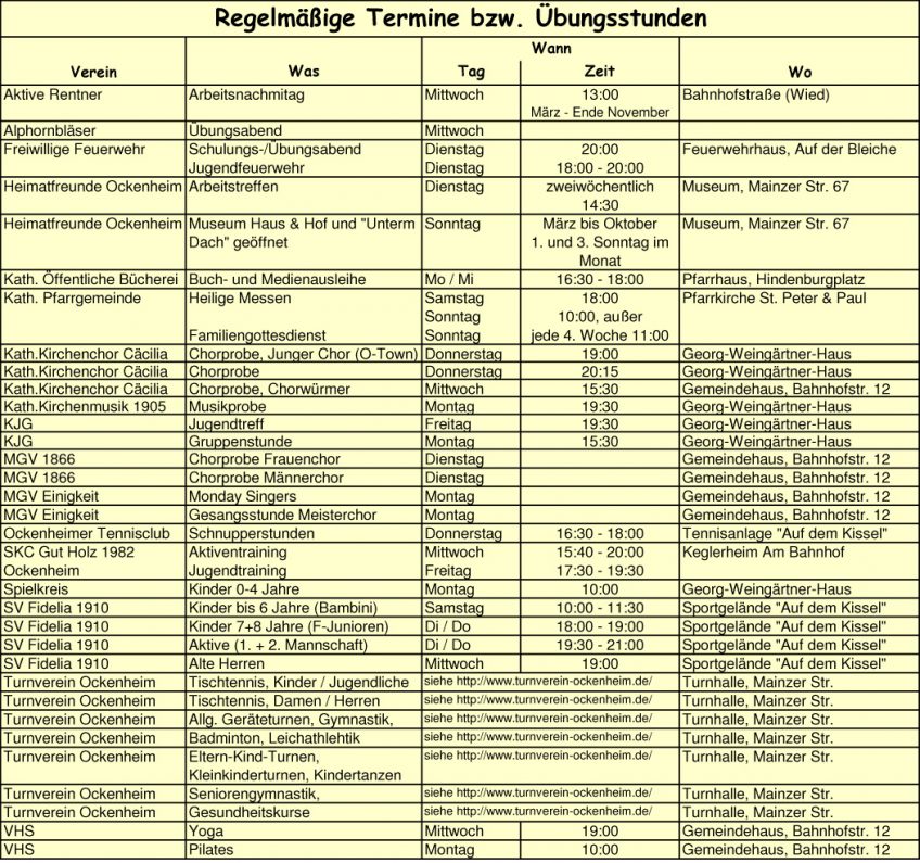 Regelmäßige Termine u. Übungsstunden in Ockenheim